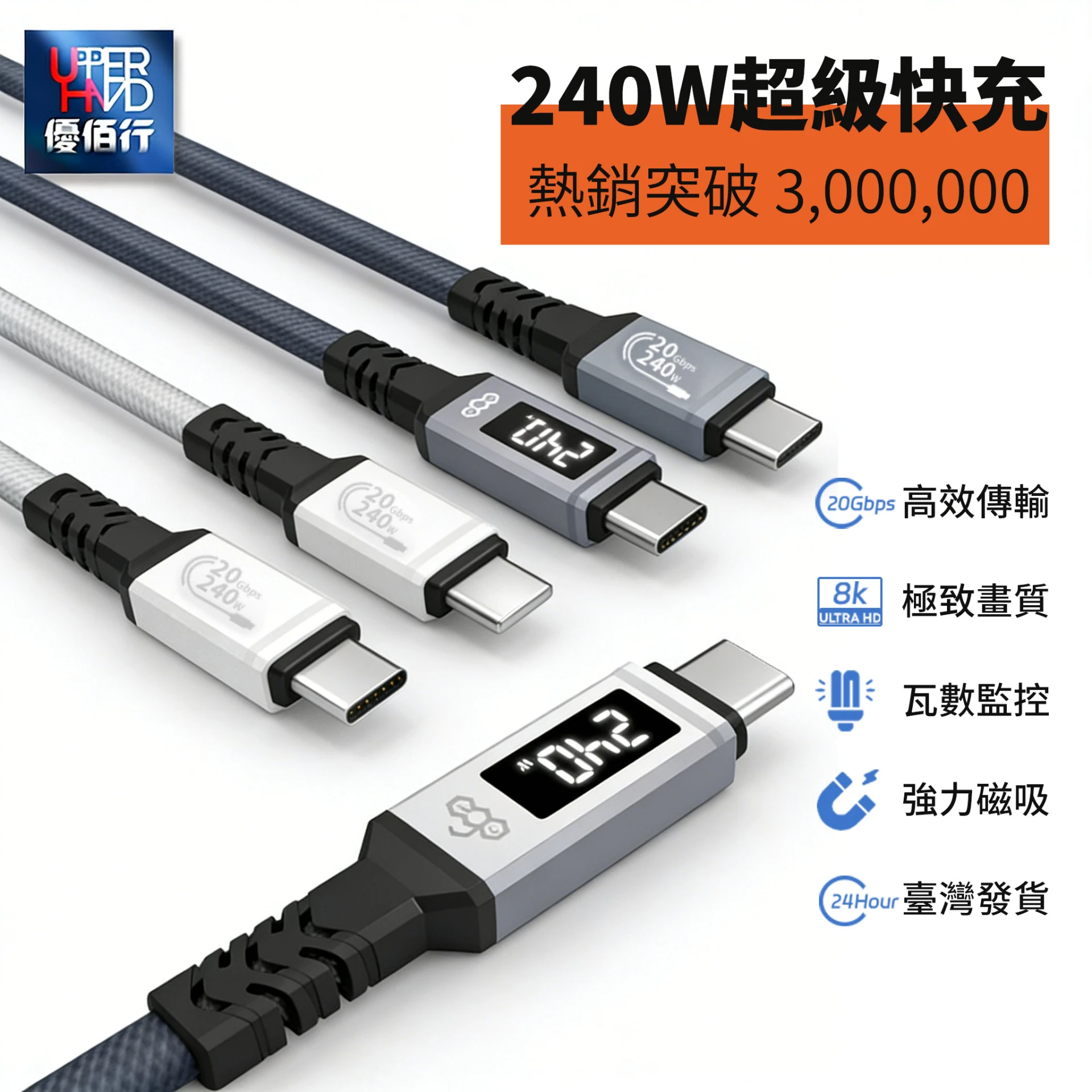EGO 240W智慧數顯磁吸快充線(200cm)