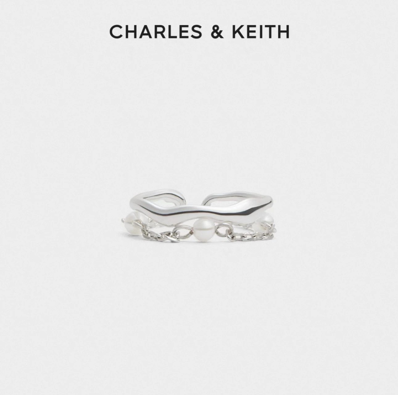 CHARLES&KEITH 小ck 月光謐語珍珠系列 戒指 Silver銀色