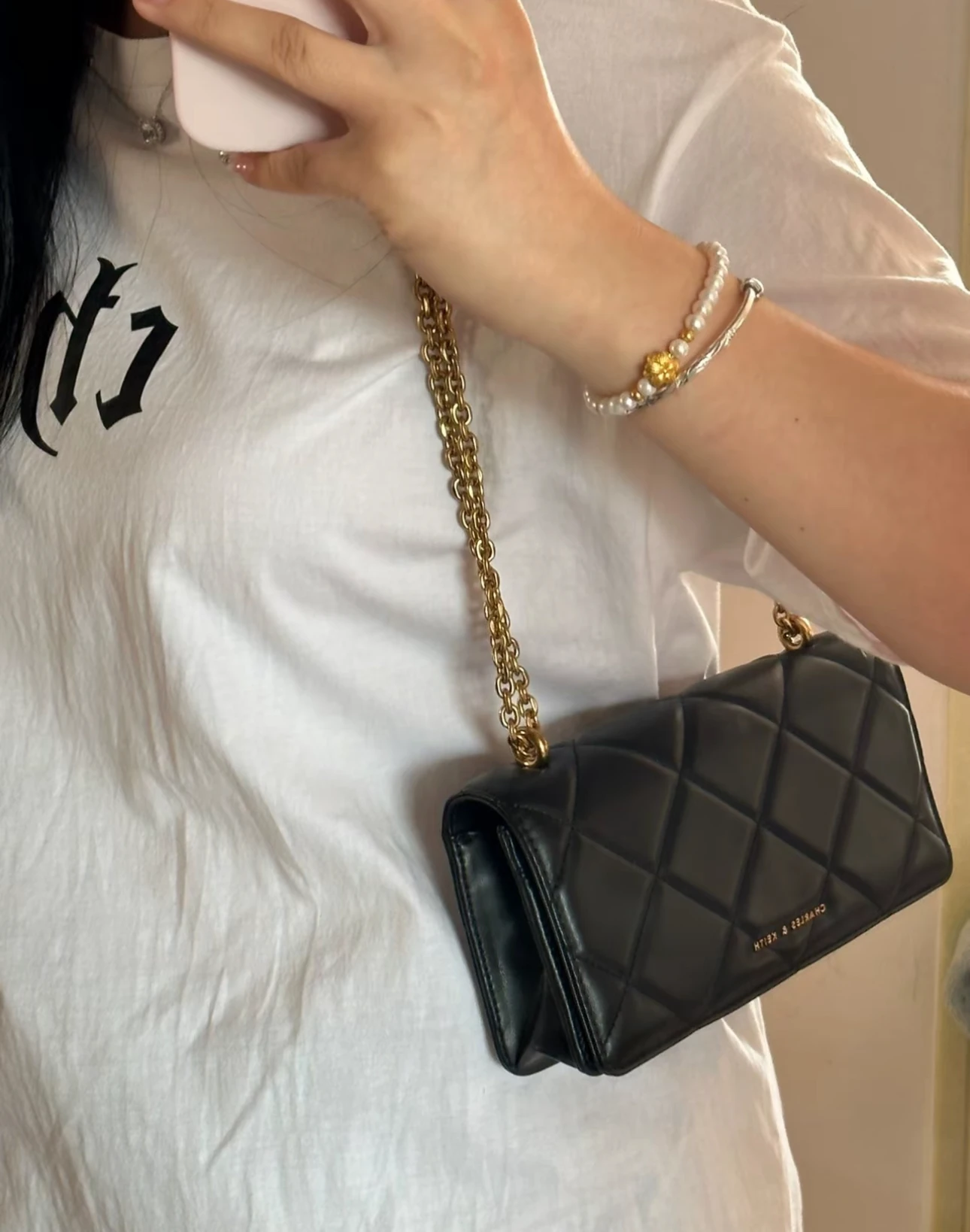 CHARLES&KEITH 小ck 油畫菱格鏈條 腋下包單肩斜挎包 奶油白/黑/粉