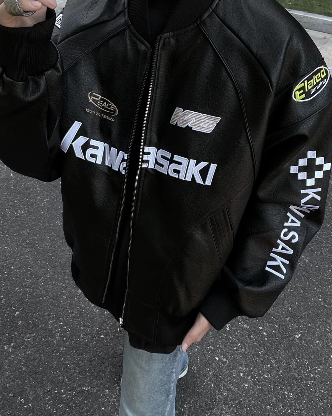 <帥爛!!!>Kawasaki川崎 美式風格 賽車風 皮衣外套(兩色可選)