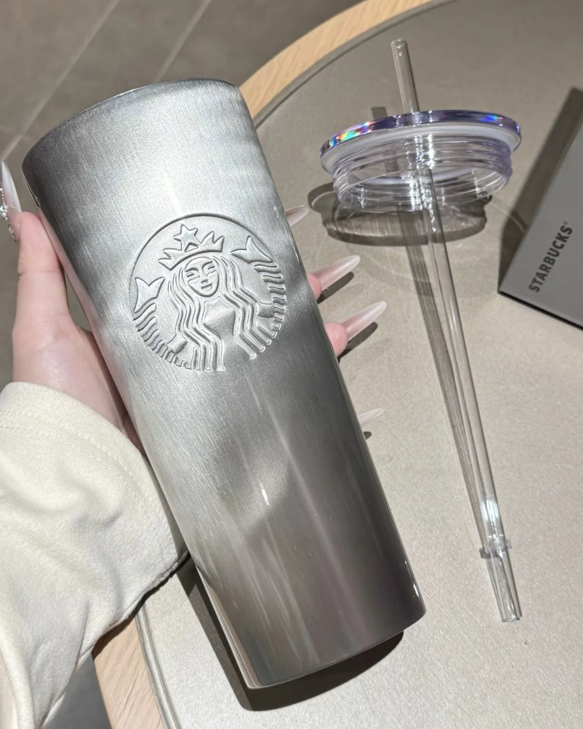 <國外限定>STARBUCKS 星巴克 亮面貓眼灰 漸變 玻璃吸管杯790ml