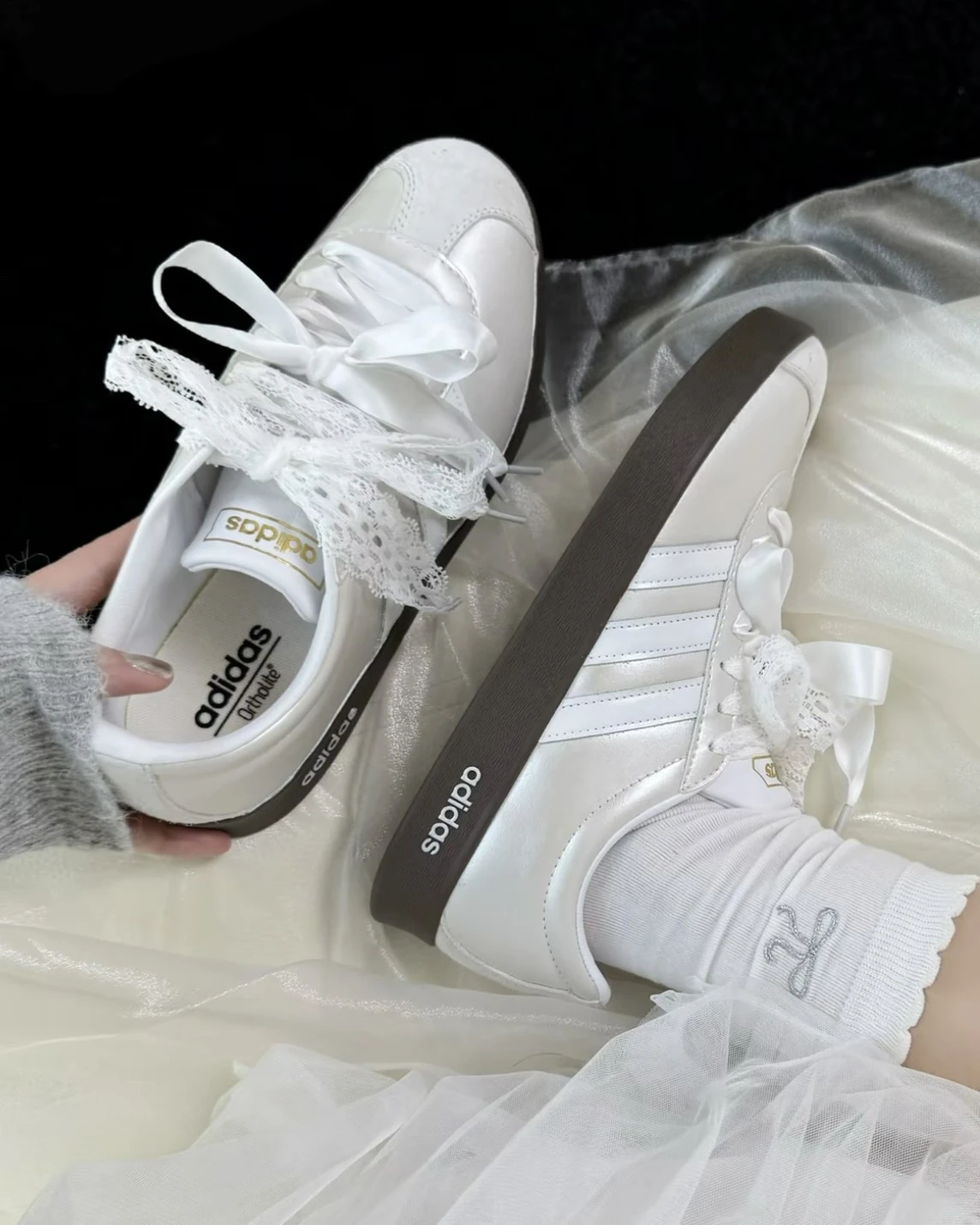 <訂製款> ADIDAS NEO COURT VL 白月光 白銀蕾絲 蝴蝶結