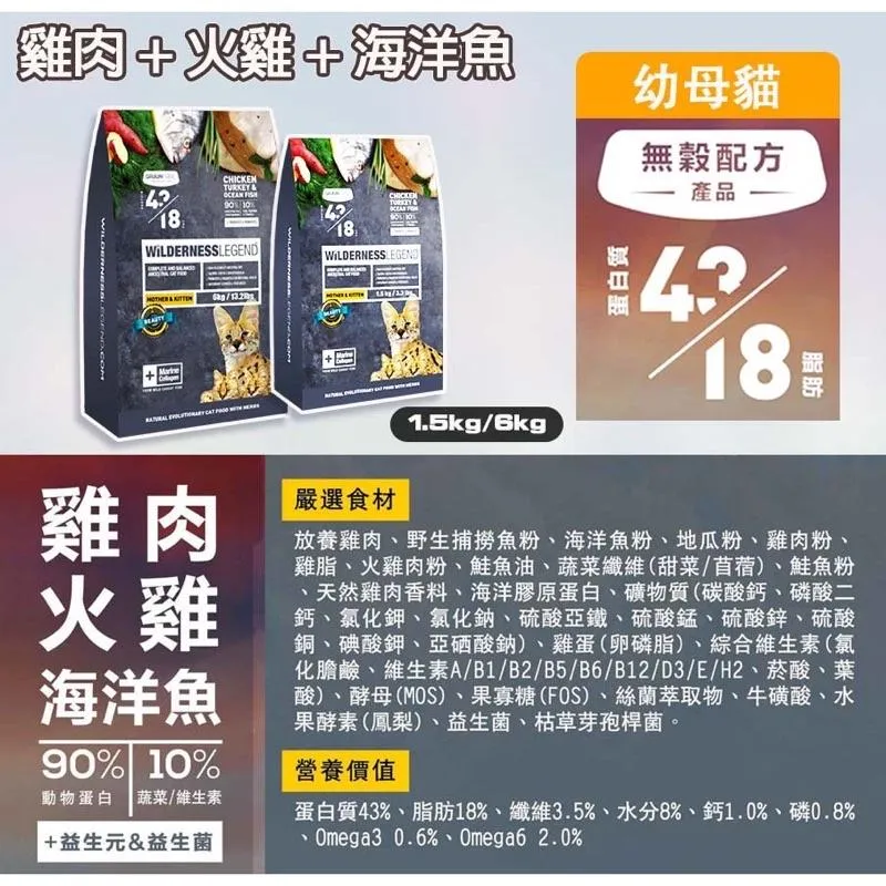 【 WILDERNESS 蔚特尼思】無穀天然乾糧 幼母貓-（雞肉+火雞+海洋魚)