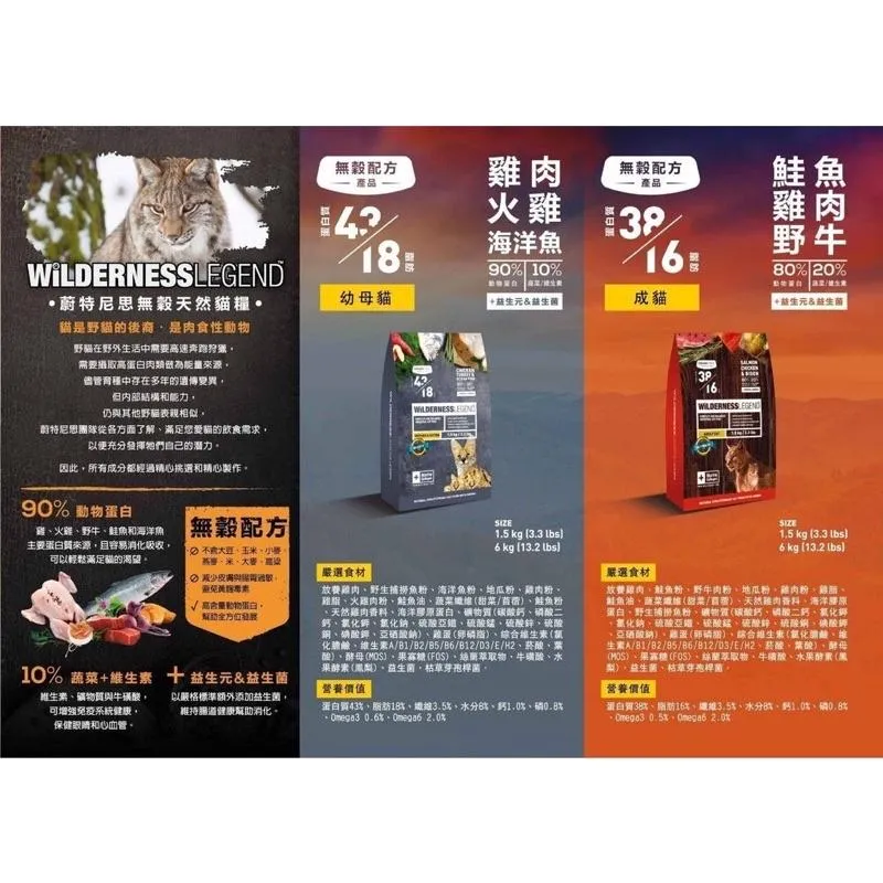 【 WILDERNESS 蔚特尼思】無穀天然乾糧 成貓-（鮭魚+雞肉+野牛)