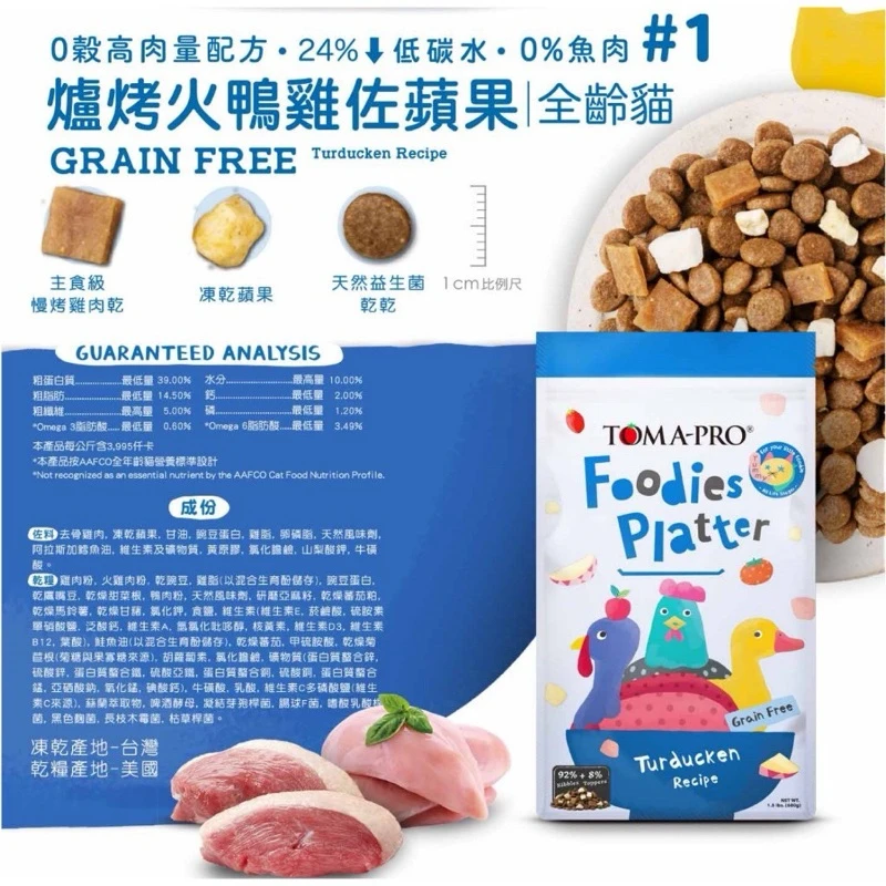 【 TOMA PRO優格 吃貨拼盤】 全齡貓烤火鴨雞蘋果(高肉量配方)貓凍乾主食糧