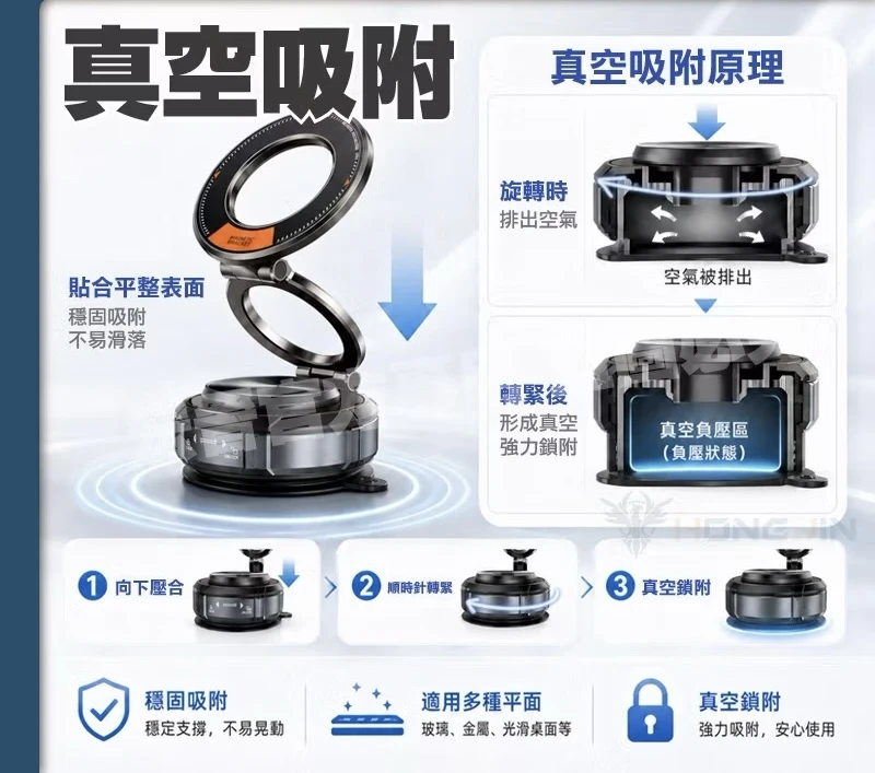 V-LOCK真空磁吸支架 奈米無痕滴膠 540度調整 N52 強力磁吸 可水洗重複使用 折疊 車用 桌用 手機支架
