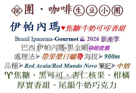 [♥焦糖/牛奶可可/香甜]BE-巴西 伊帕內瑪-黑金剛-帶果漿日曬-Red Acaia/Red Mundo Novo[團咖啡．生豆小團]*2026新產季