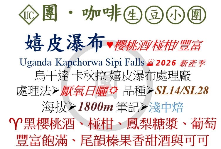 [♥櫻桃酒/椪柑/豐富]UC-烏干達-嬉皮瀑布-厭氧日曬-SL14/SL28[團咖啡．生豆小團]*2026新產季