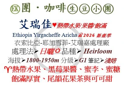 [♥熱帶水果/果醬/飽滿]EK-衣索比亞-耶加雪菲-艾瑞嘉-日曬[團咖啡．生豆小團]*2026新產季