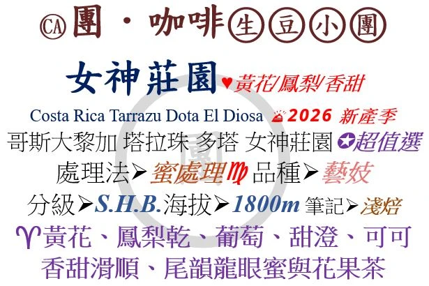 [♥黃花/鳳梨/香甜]CA-哥斯大黎加-女神莊園-蜜處理-藝妓 [團咖啡．生豆小團]*2026新產季