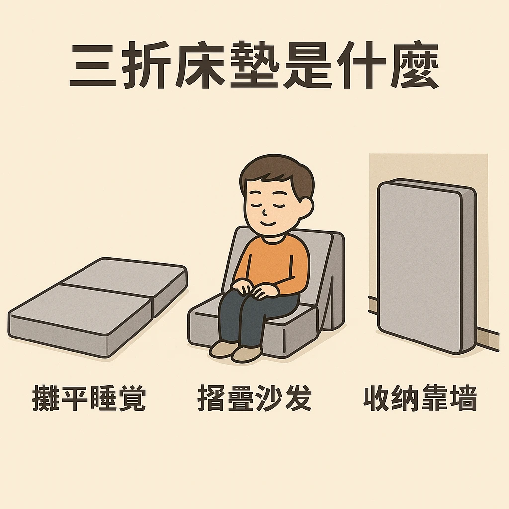 三折床墊的三種使用方式,包含攤平睡覺、摺疊當沙發、收納靠牆