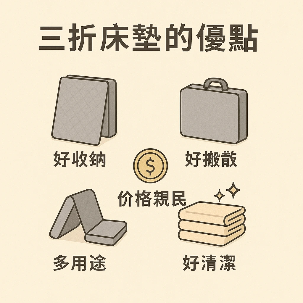 三折床墊五大優點,包含好收納、好移動、多用途、價格親民、好清潔