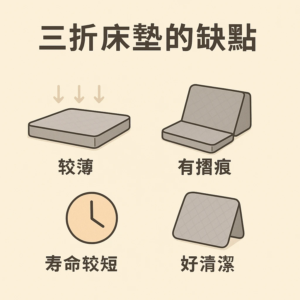 三折床墊三大缺點,包含較薄、有摺痕、壽命較短