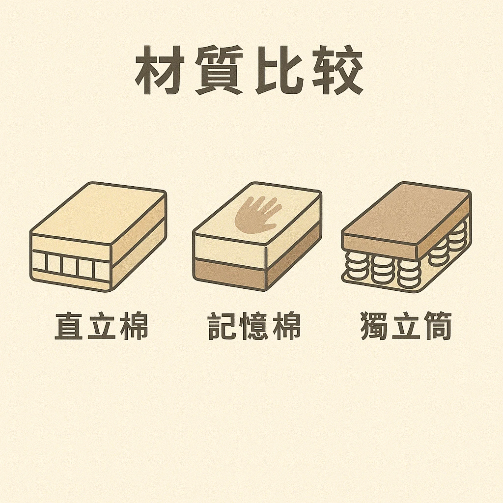 三種三折床墊常見材質比較,包含直立棉、記憶棉、獨立筒