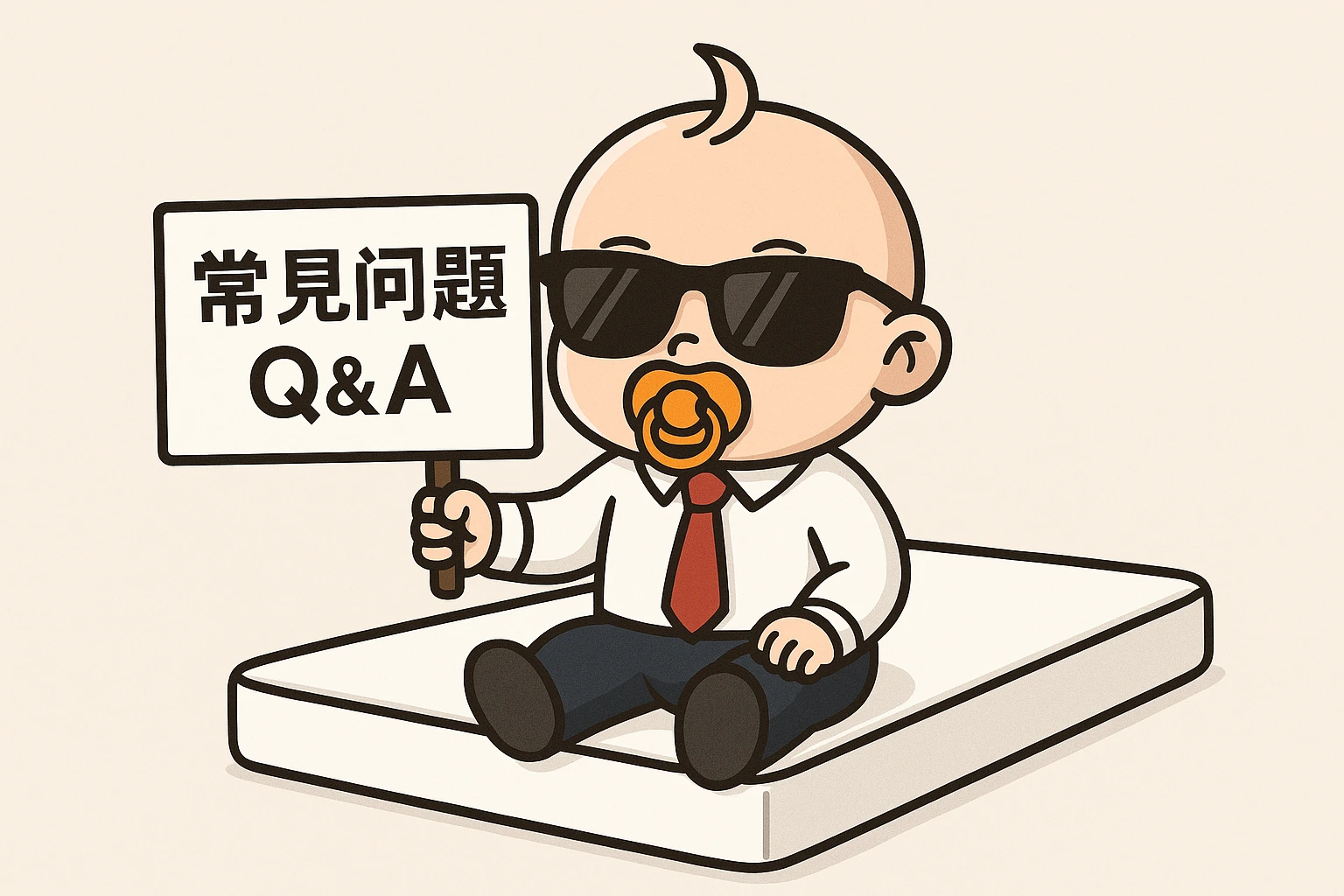 小老闆角色坐在床墊上,舉牌『常見問題Q&A』,用於FAQ區塊