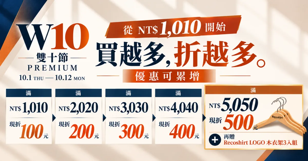 i-Shirt 雙十節優惠｜每滿NT$1,010現折NT$100，滿NT$5,050再贈Recoshirt木衣架3入組