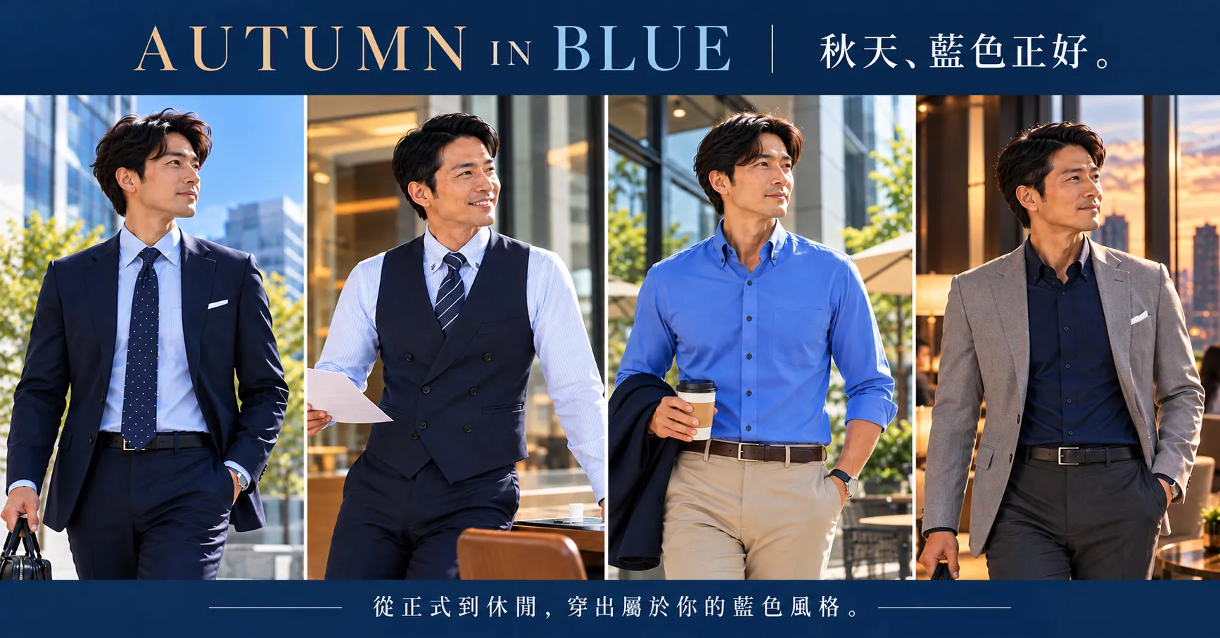 AUTUMN IN BLUE 秋季藍色襯衫穿搭，四種正式與休閒造型，呈現淺藍、條紋與深藍色 i-Shirt