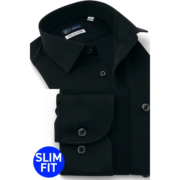 i-Shirt 黑色素面×半寬領型襯衫(長袖)
