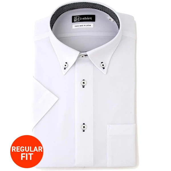 i-Shirt 白色多臂花織格紋×扣領型襯衫(短袖)