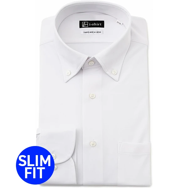 i-Shirt 白色無地素面×扣領型(長袖)  (高密度針織版)