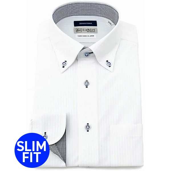 i-Shirt 白色條紋×扣領型襯衫(長袖)