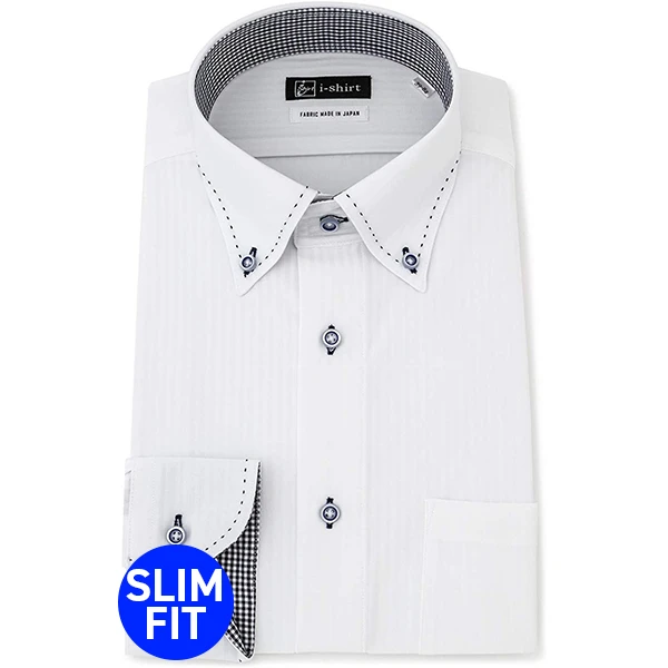 i-Shirt 白色條紋×扣領型襯衫(長袖)
