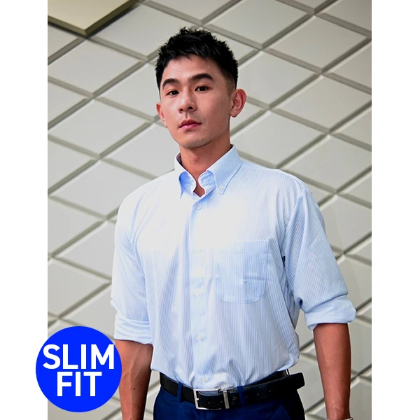 i-Shirt 淺藍色條紋×扣領型襯衫 (長袖)