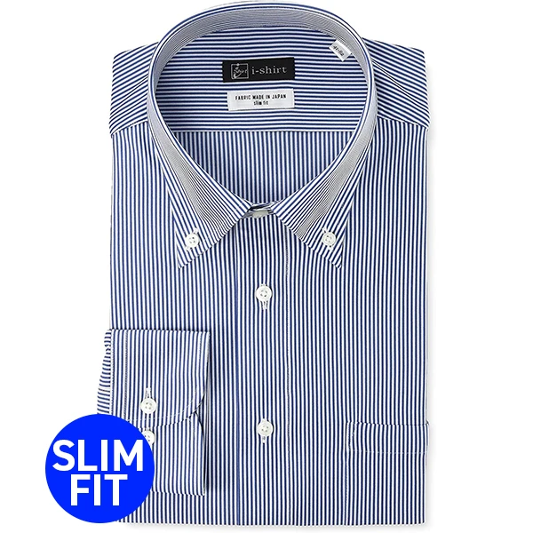 i-Shirt 海軍藍條紋×扣領型襯衫(長袖)