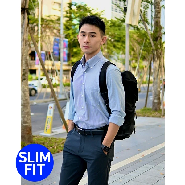 i-Shirt 海軍藍條紋×扣領型襯衫(長袖)