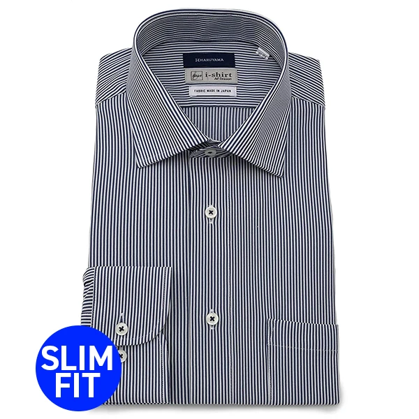 i-Shirt 海軍藍條紋×半寬領型襯衫(長袖)