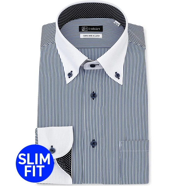 i-Shirt 海軍藍條紋×Cleric扣領型襯衫(長袖)