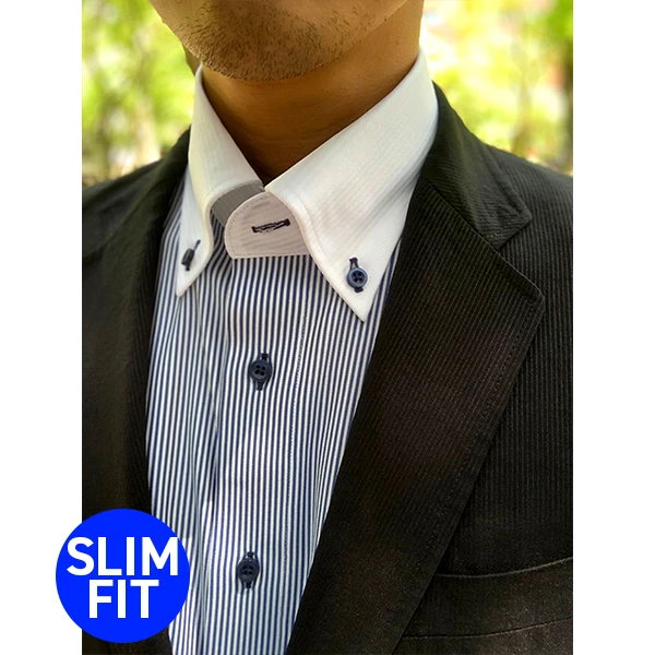 i-Shirt 海軍藍條紋×Cleric扣領型襯衫(長袖)