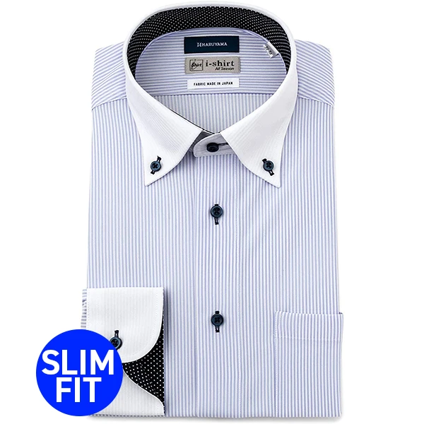 i-Shirt 藍色條紋×扣領型Cleric襯衫(長袖)