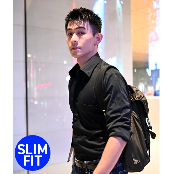 i-Shirt 黑色素面×扣領型襯衫(長袖)