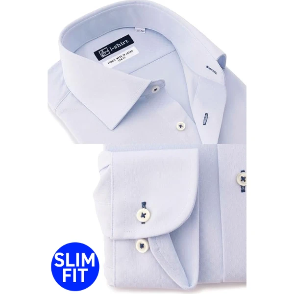 i-Shirt 淺藍迷你格紋×半寬領型襯衫(長袖)
