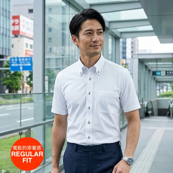 i-Shirt 白色條紋×扣領型襯衫(短袖)