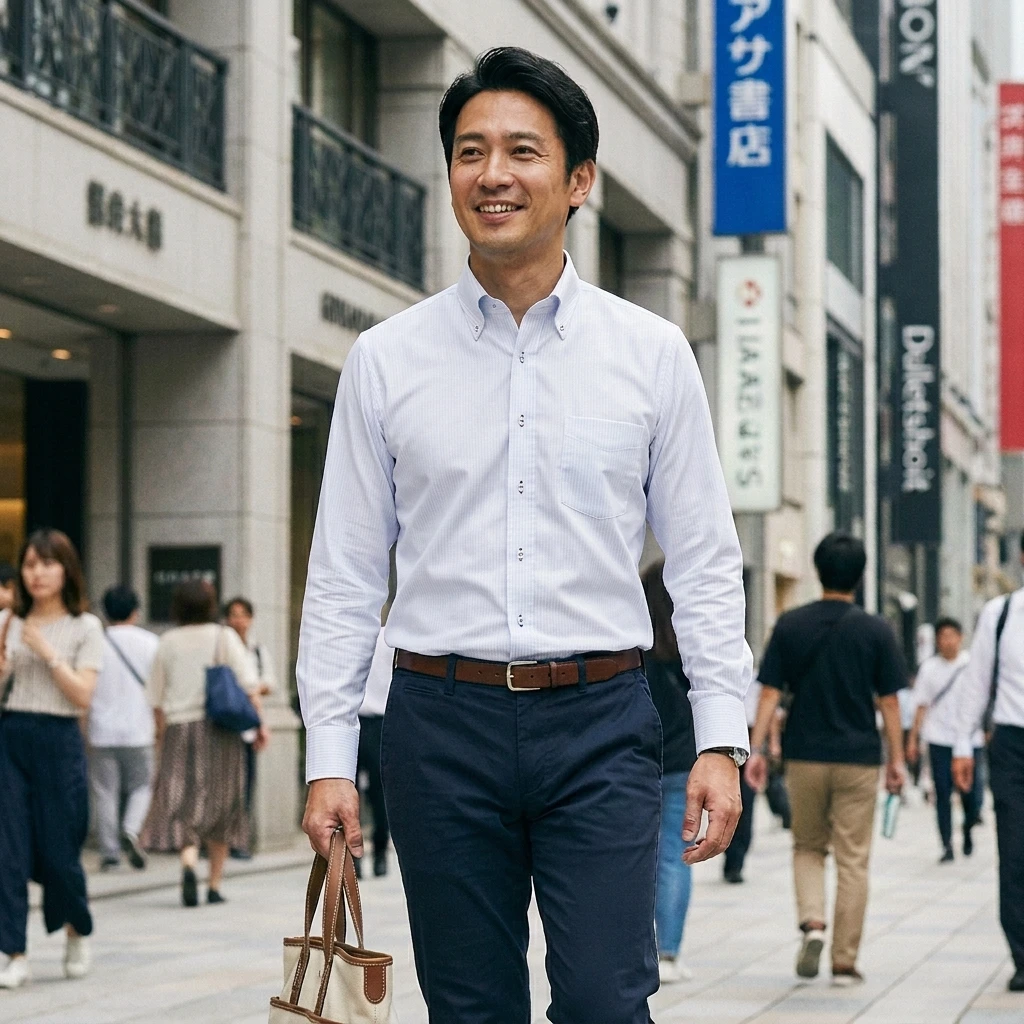 i-Shirt 藍色條紋×扣領型襯衫（長袖）