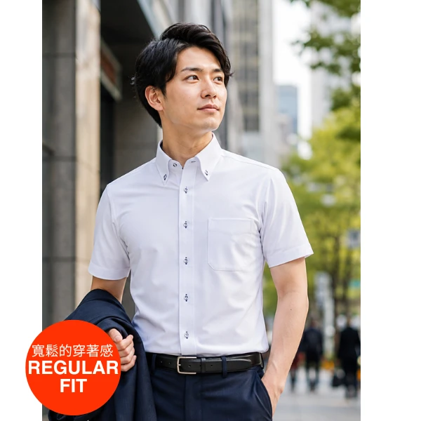 i-Shirt 白色多臂條紋×扣領型襯衫(短袖)