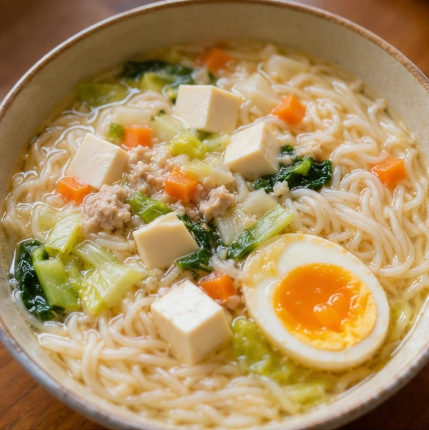 軟嫩細麵搭配豆腐、雞蛋與蔬菜的介護麵餐點，適合牙口較弱長者。