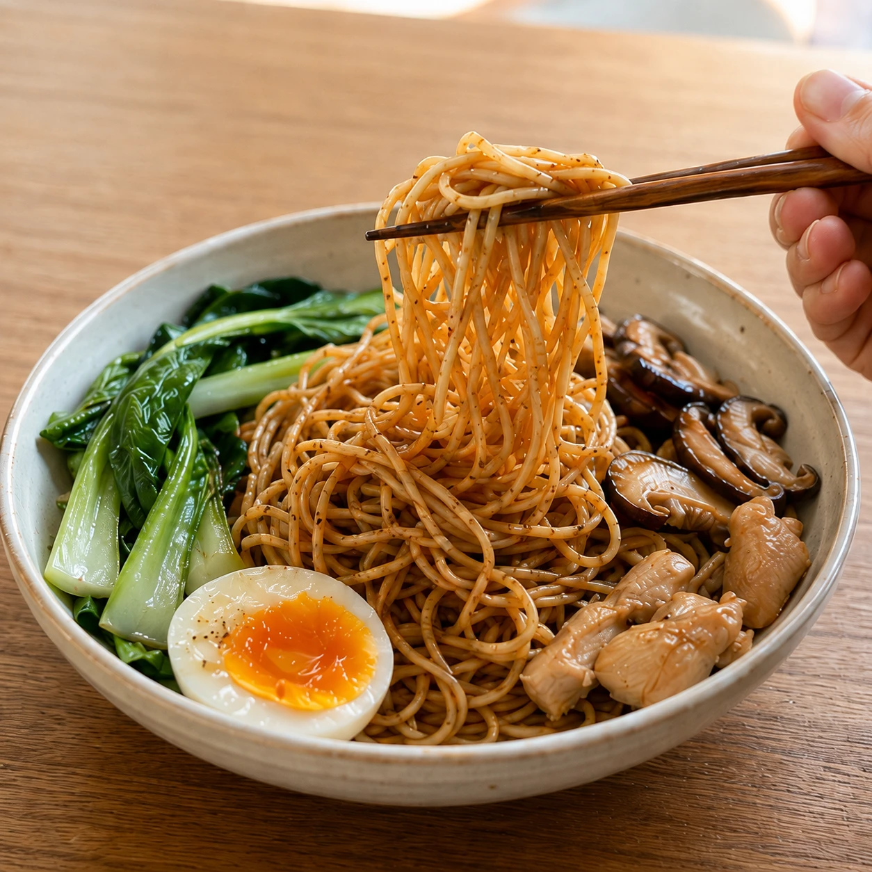 拌麵搭配雞肉、香菇、青菜與雞蛋，可同時補充蛋白質與蔬菜，讓整餐搭配更完整。&nbsp;