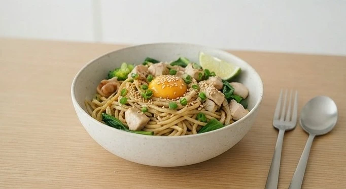 拌麵搭配雞肉與多種蔬菜，讓一碗麵同時包含主食、蛋白質與蔬菜。