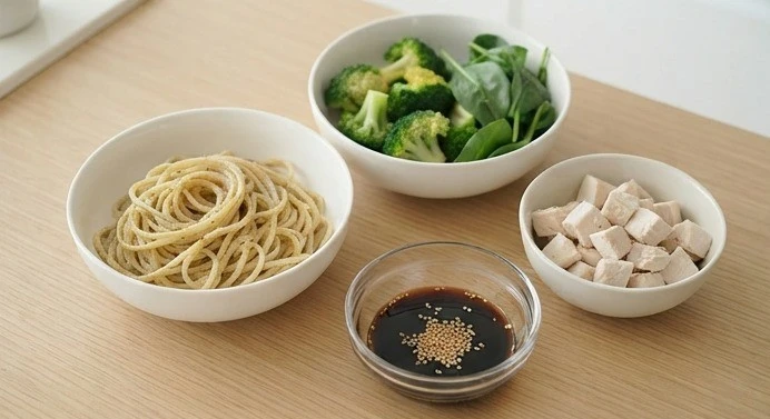 利用煮麵的水順手燙青菜與菇類，可以減少料理步驟，也讓拌麵增加蔬菜來源。