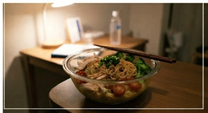 利用微波爐完成麵食後，再搭配蛋白質食物與蔬菜，是租屋族快速準備一餐的簡單方式。