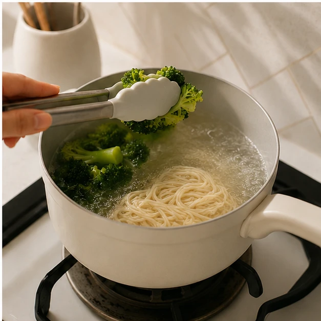利用同一鍋水先燙蔬菜再煮麵，是租屋族與一人料理減少鍋具使用的簡單方式。