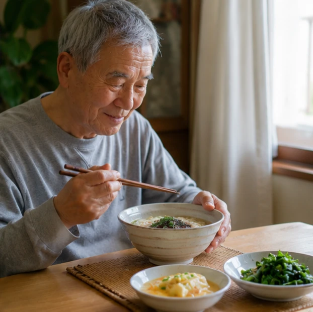 麵條煮至適合牙口的軟硬度，再搭配容易咀嚼的蛋白質與蔬菜，有助於讓長者更輕鬆地完成一餐。