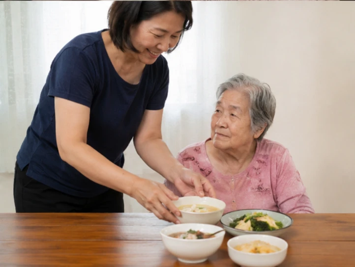 替長者準備餐點時，可先觀察咀嚼與吞嚥情況，再依實際能力調整食物質地與大小。
