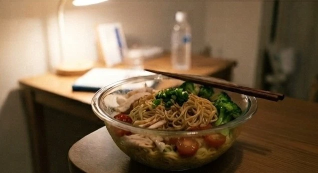 利用微波爐完成麵食後，再搭配蛋白質食物與蔬菜，是租屋族快速準備一餐的簡單方式。