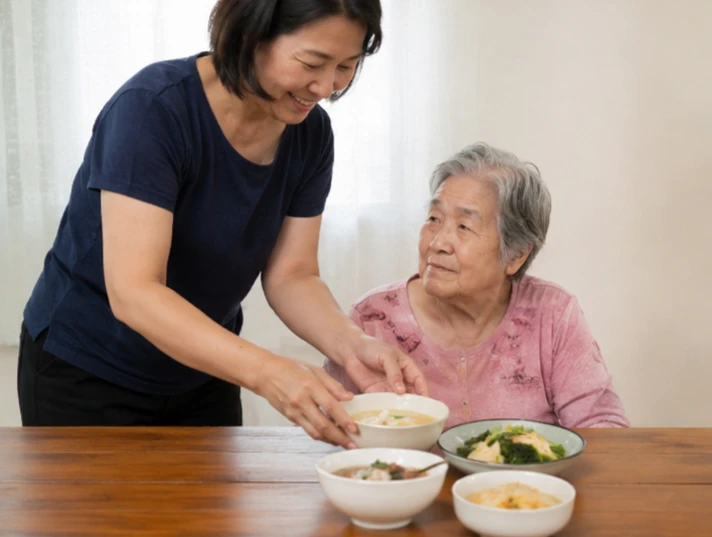 替長者準備餐點時，可先觀察咀嚼與吞嚥情況，再依實際能力調整食物質地與大小。