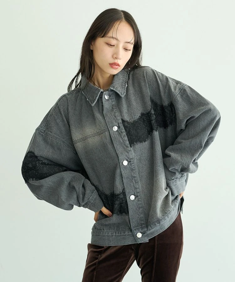 預購🇯🇵earth music&ecology 全2色 刷破丹寧×蕾絲拼接 復古牛仔外套