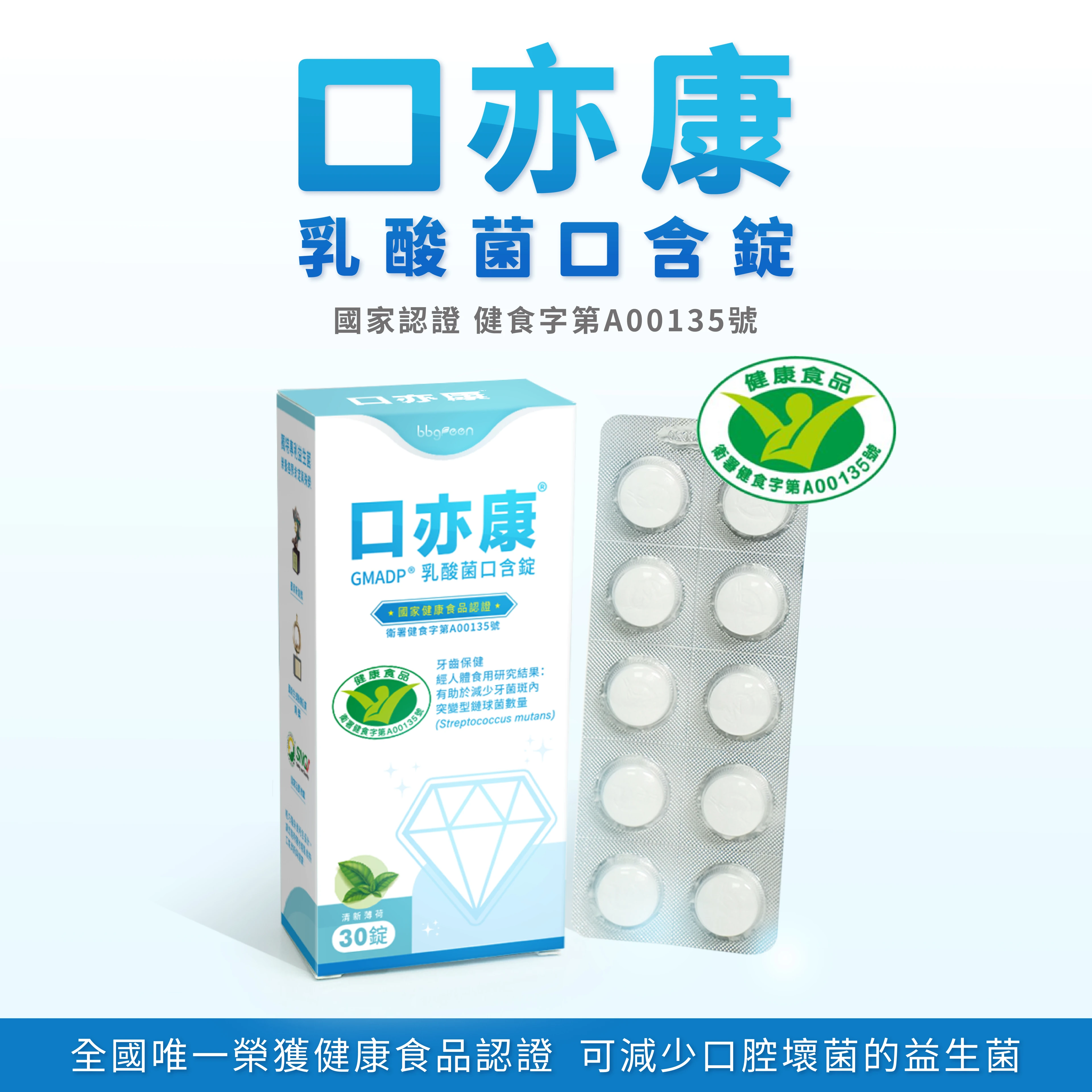 健康食品認證,口腔壞菌,牙周病,減少牙菌斑,取代薄荷錠、薄荷糖,木醣醇,平衡口腔菌群,專利乳桿菌,減少牙菌斑